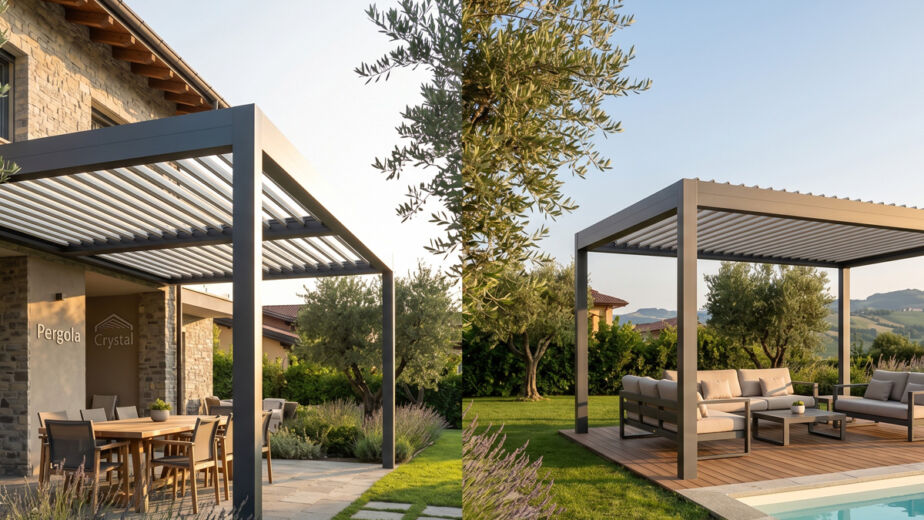 Confronto visivo tra una pergola bioclimatica addossata a una parete (sinistra) e una pergola bioclimatica autoportante in giardino (destra) di Pergola Crystal.