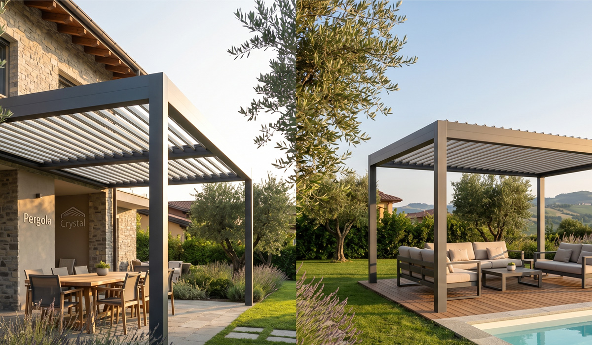 Confronto visivo tra una pergola bioclimatica addossata a una parete (sinistra) e una pergola bioclimatica autoportante in giardino (destra) di Pergola Crystal.